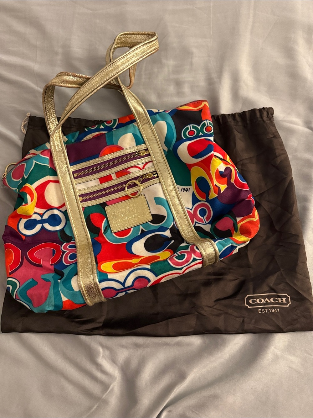 Coach Multicolor Graphic Print Tote with Metallic Gold Handles